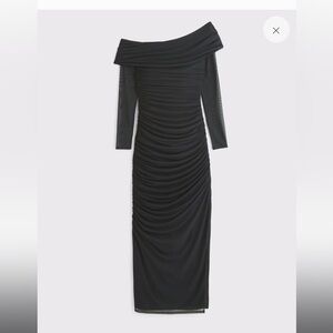 Long-Sleeve Mesh Asymmetrical Draped Maxi Dress- XL-regular -worn one time